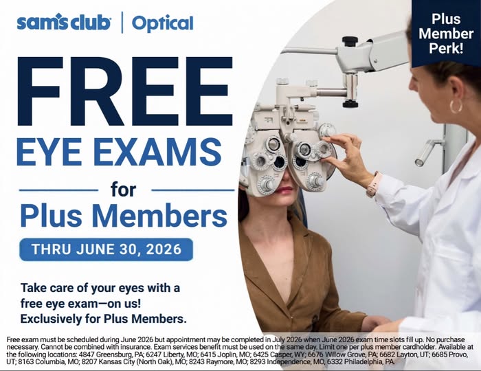 Sam's Club Plus member free exam June 2026 promo details.